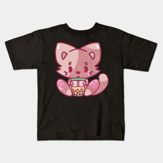 Cat bubble tea kawaii cute adorable chibi hand painted Kids T-Shirt by astronauticarte